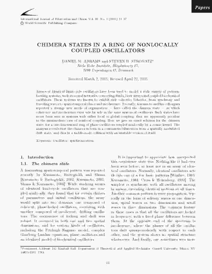 Abrams and Strogatz - Chimera states in a ring of nonlocally coupled oscillators - IJBC 2006